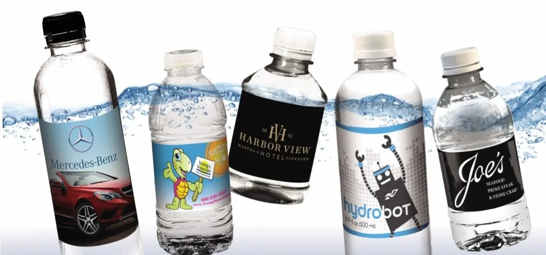 bottled water with labels